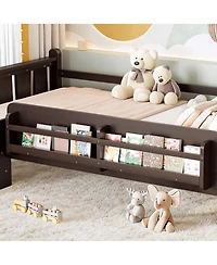 Rainsken Twin Size Floor Bed with Stairs and Bookcase, Solid Wood Low Profile Bed Frame with Guardrails, Kids Bed for Boys Girls, 350 Lbs Capacity