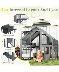 Zeus & Ruta Large Outdoor Cat Enclosure Wooden Shelter with Platforms Resting Box Bridge Waterproof Uv Proof Canopy