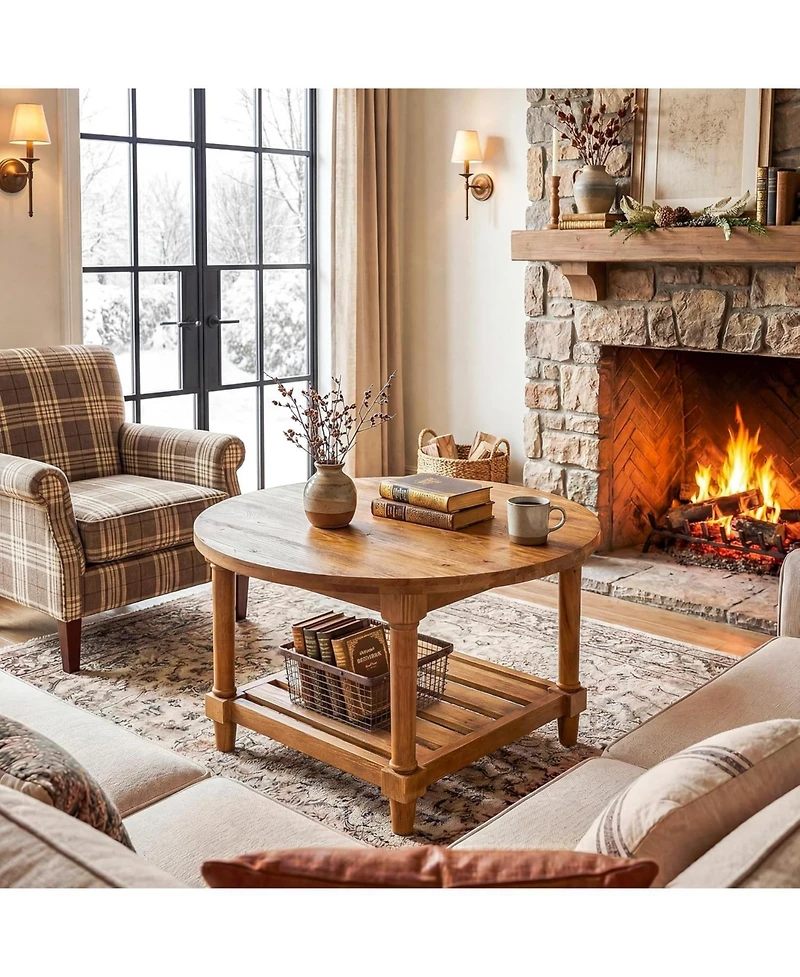 Tribesigns Round Coffee Table, 31.5" Farmhouse Solid Wood Center Table with Storage, 2-Tier Circle Accent Table