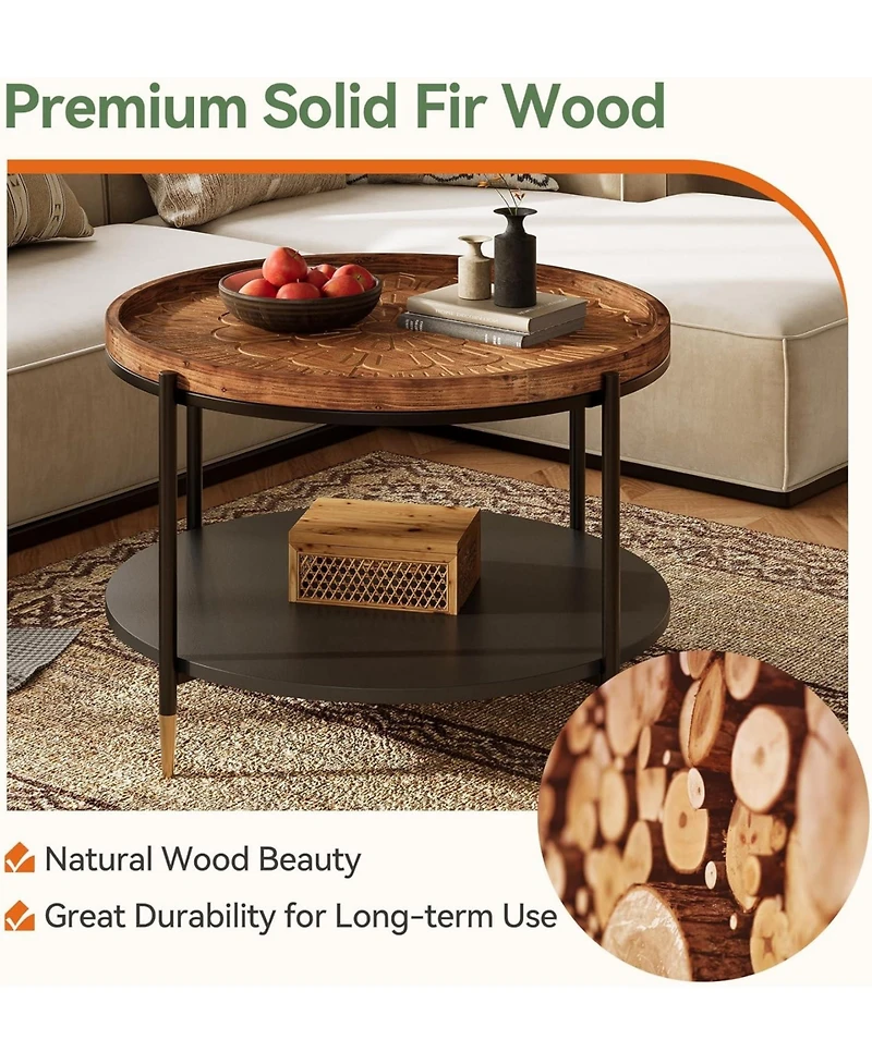 Tribesigns Solid Wood Round Coffee Table, 31.5-Inch Boho Center Tea Table with Metal Storage Frame and Carved Floral Pattern