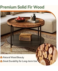 Tribesigns Solid Wood Round Coffee Table, 31.5-Inch Boho Center Tea Table with Metal Storage Frame and Carved Floral Pattern