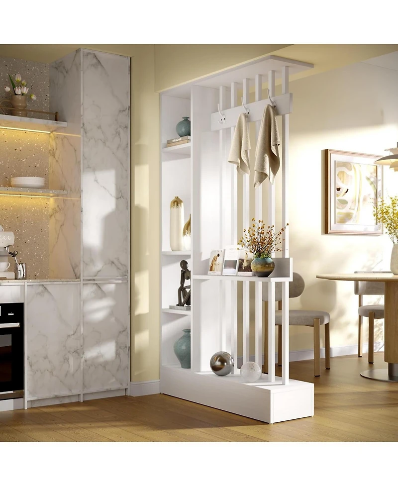 Tribesigns 71" Wall Room Divider with Shelves and Coat Hooks, Wood Freestanding Room Divider Bookcase for Home and Office Decorative
