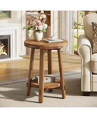 Tribesigns Solid Wood Side Table for Living Room, Small Round End Table with 2-Tier Storage, Farmhouse Wooden Circle Bedside Nightstand