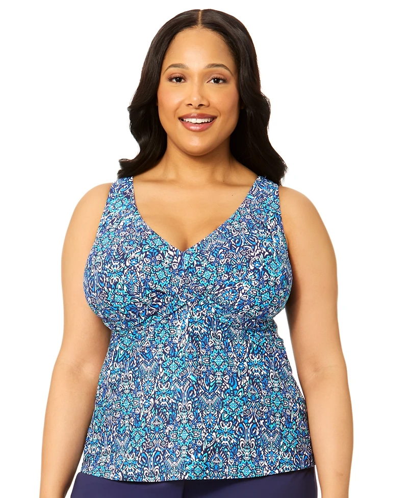 Island Escape Plus Printed V-Neck Underwire Tankini Top, Macy's Exclusive