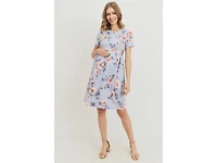 Hello Miz Maternity Floral Print Empire Waist Short Sleeve Knit Dress with Pockets