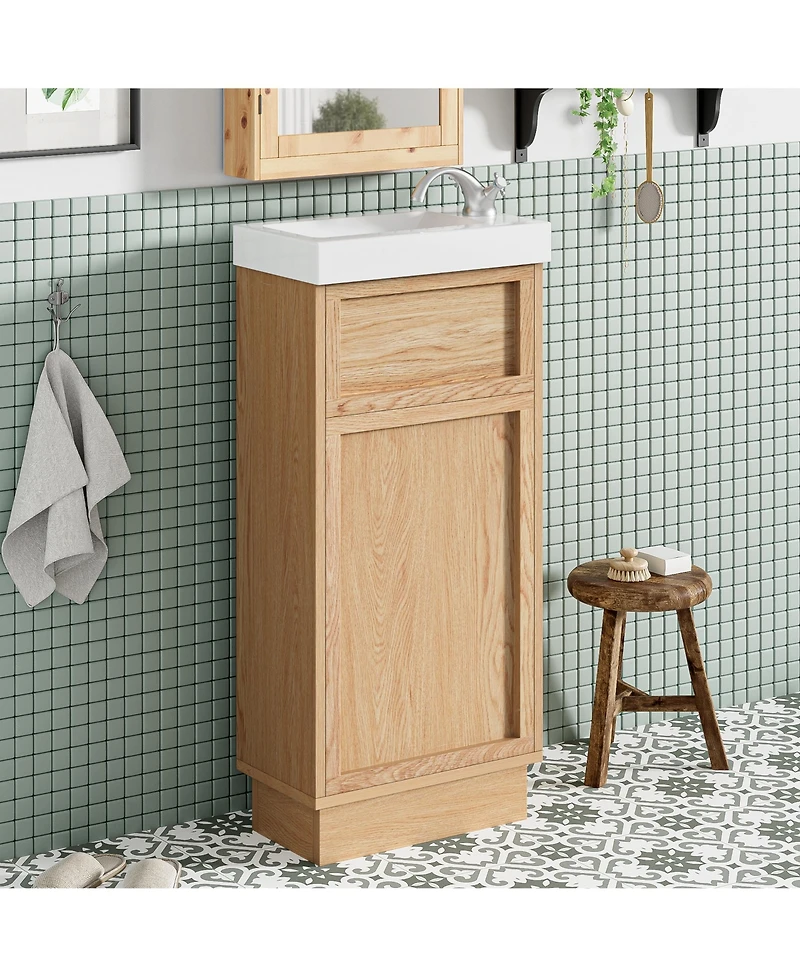 15.75 Inch Bathroom Vanity with Reversible Resin Sink Mdf Cabinet Adjustable Shelf Push to Open Door Wood Grain Melamine Finish Rustic Small Space