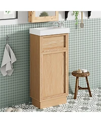 15.75 Inch Bathroom Vanity with Reversible Resin Sink Mdf Cabinet Adjustable Shelf Push to Open Door Wood Grain Melamine Finish Rustic Small Space