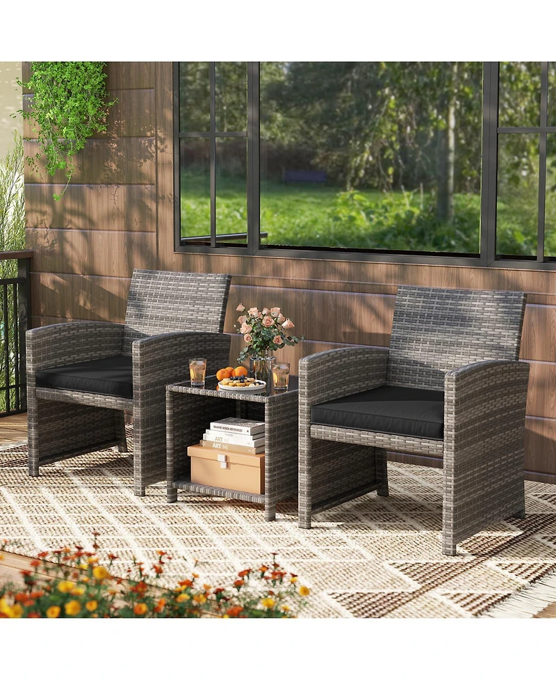 Sugift 3 Piece Patio Furniture Set with Cushions and Glass Coffee Table