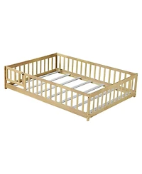 Jujabu Full Rubber Wood Floor Bed with Fence Door and Safety Guardrails