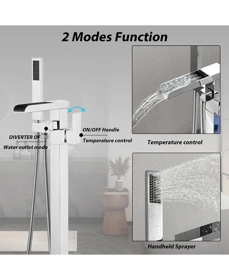 Busdays Bathroom Freestanding Waterfall Tub filler Matte Floor Mount Faucet with Hand Shower