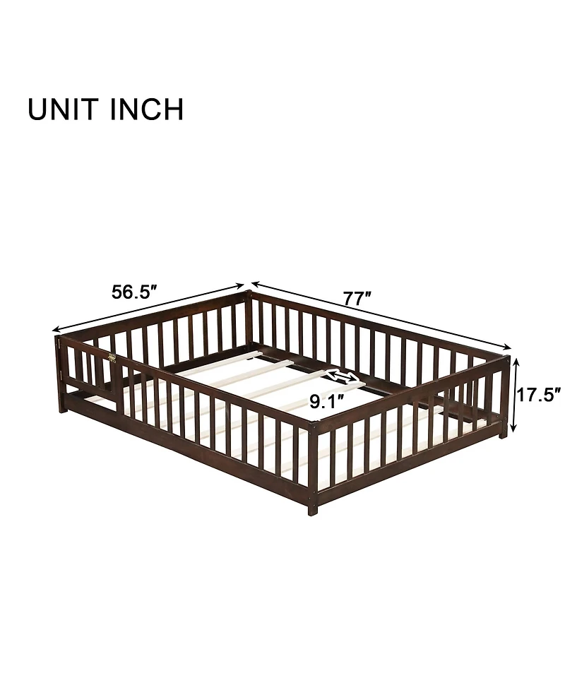 Jujabu Full Rubber Wood Floor Bed with Fence Door and Safety Guardrails