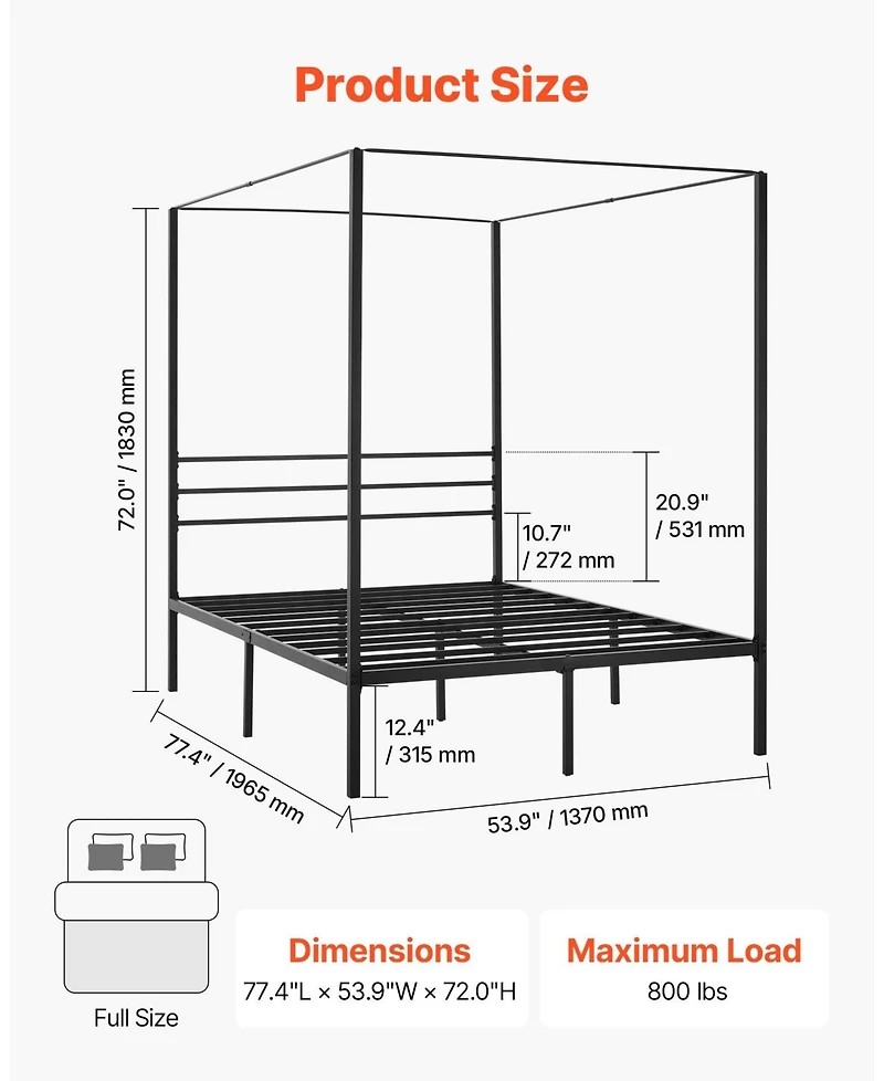 Sugift Full Size Canopy Bed Frame, Metal, Heavy Duty Steel Slats, Easy Assembly