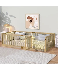 Clihome Twin Size Floor Bed with High Fence Railings, with Door