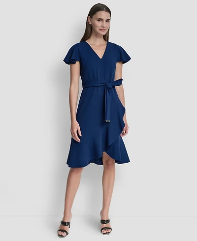 Dkny Women's Flutter Short-Sleeve V-Neck Faux-Wrap Dress
