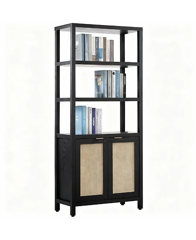 Yigii 5-Tier Rattan Boho Bookcase with Doors for Home Storage