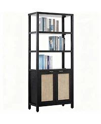 Yigii 5-Tier Rattan Boho Bookcase with Doors for Home Storage