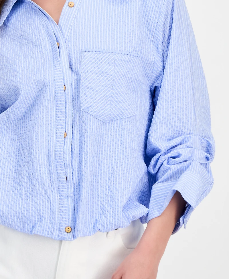 Democracy Petite Smocked Collar Bubble-Hem Striped Collared Shirt