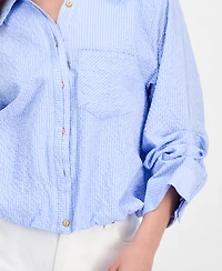 Democracy Petite Smocked Collar Bubble-Hem Striped Collared Shirt
