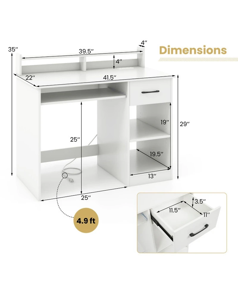 Gouun White Home Office Desk with Charging Station, Keyboard Tray and Adjustable Shelf