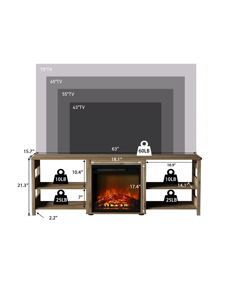 Homlux Fireplace Tv Stand for up to 75" Tv with Storage Shelves
