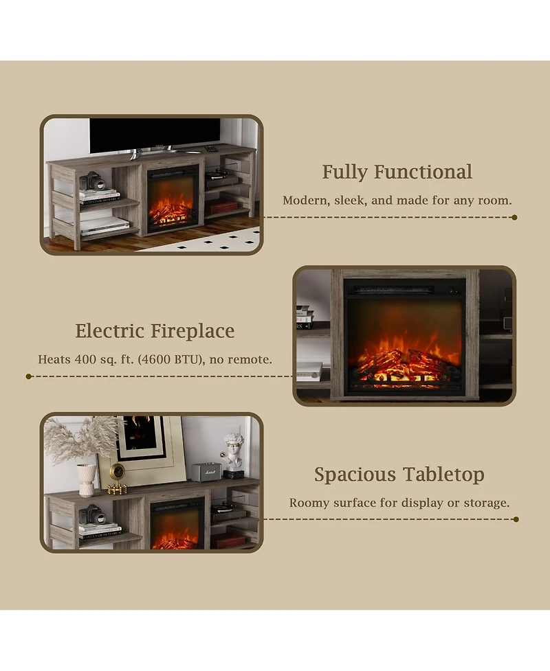 Homlux Fireplace Tv Stand for up to 75" Tv with Storage Shelves, Rustic Oak