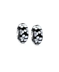 Bling Jewelry Set of 2 Floral Design Murano Glass Spacer Charm Bead with Sterling Silver Core