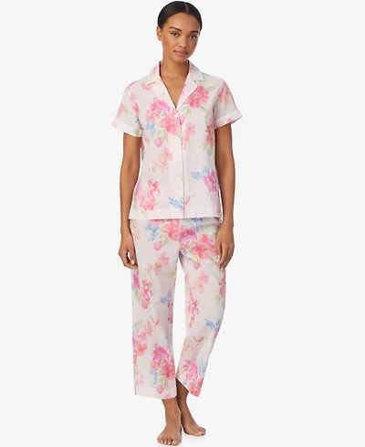 Lauren Ralph Women's Short-Sleeve Notch Collar Cropped Pant Pajama Set