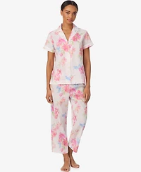 Lauren Ralph Women's Short-Sleeve Notch Collar Cropped Pant Pajama Set