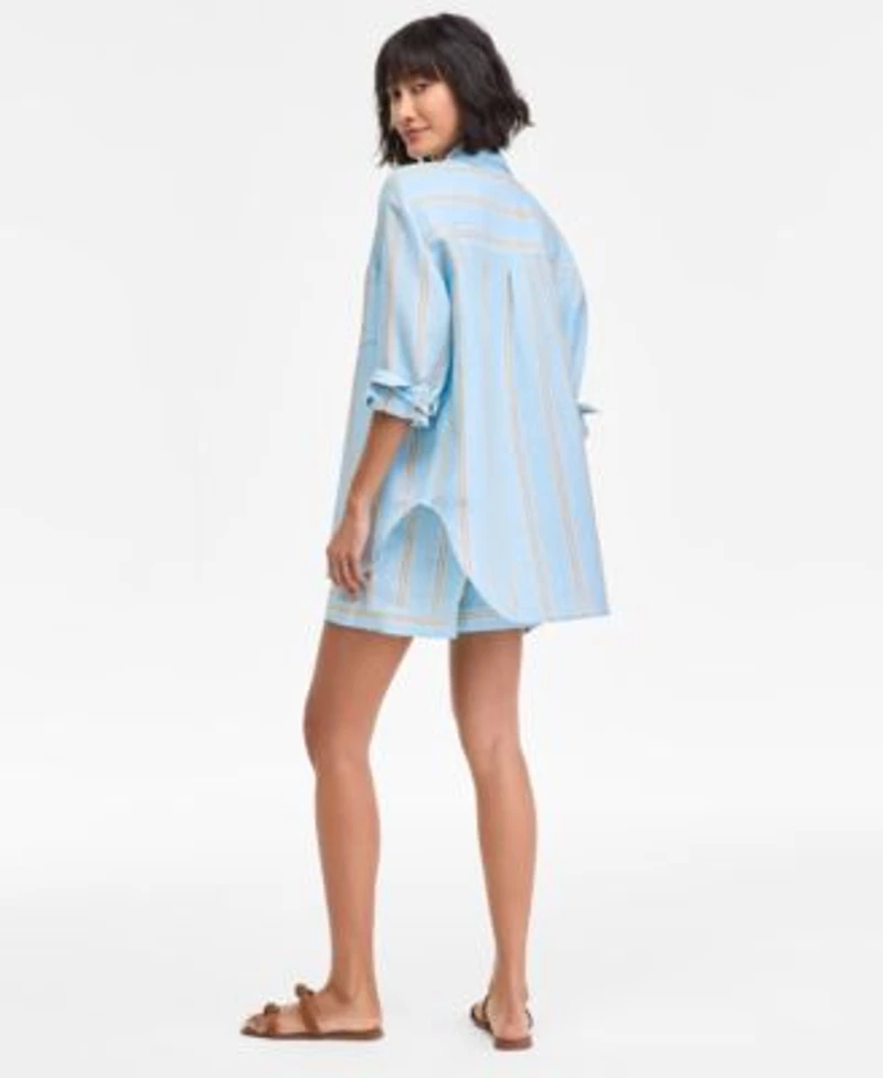 On 34th Womens Kayla Stripe Relaxed Button Down Shirt Smocked Tube Top Pull On Shorts Macys Exclusive