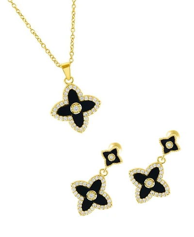 Adornia Cubic Zirconia Gold 2-Piece Black Inlay Clover Necklace and Earrings Set