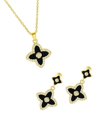 Adornia Cubic Zirconia Gold 2-Piece Black Inlay Clover Necklace and Earrings Set
