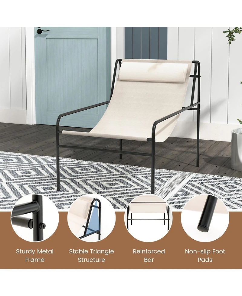 Gymax 2 Pieces Patio Sling Chair Modern Accent Chair w/ Removable Headrest and Sturdy Metal Frame