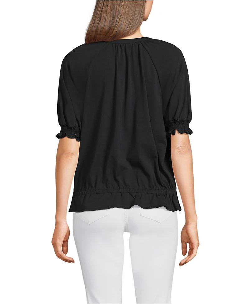 Lands' End Women's Elbow Sleeve Lightweight Jersey Gathered Adjustable Hem Blouse