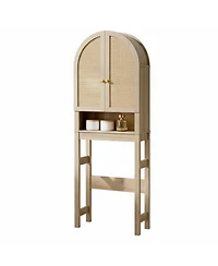 Yigii Over The Toilet Storage Cabinet Arched Rattan Doors Adjustable Shelves Space Saving Freestanding Bathroom Organizer