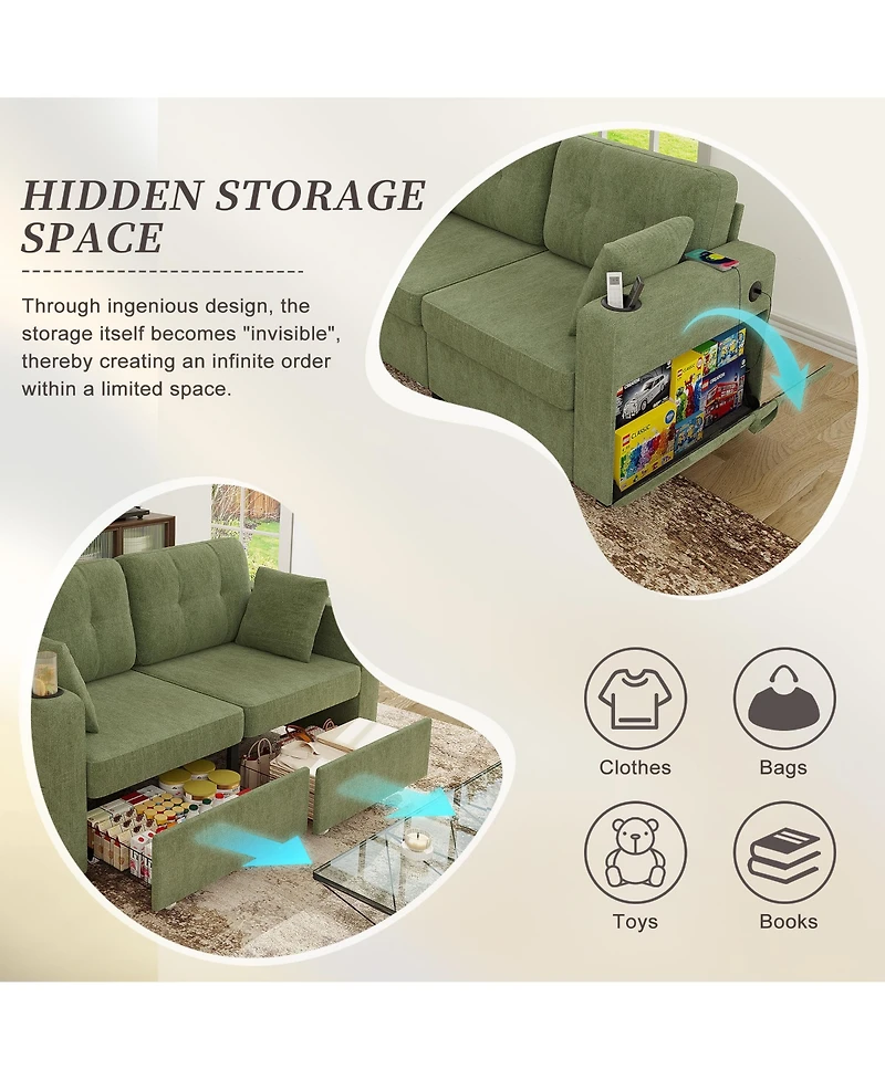 Rainsken Stylish Chenille Loveseat Sofa, 67 Inch 2-Seater Couch with Storage, Usb Charging and Cup Holders for Apartment and Living Room