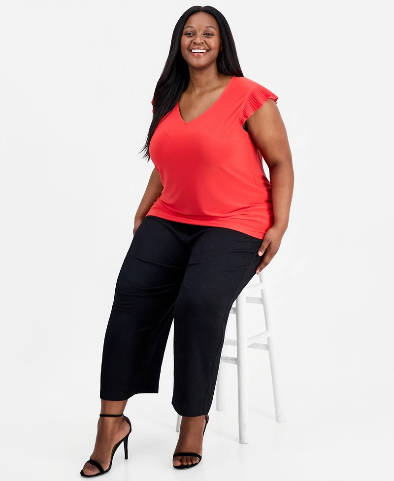 Anne Klein Essentials Plus Ruffle-Sleeve V-Neck Top