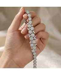 Sterling Silver with Rhodium Plated Clear Round Cubic Zirconia Flower Design Tennis Bracelet