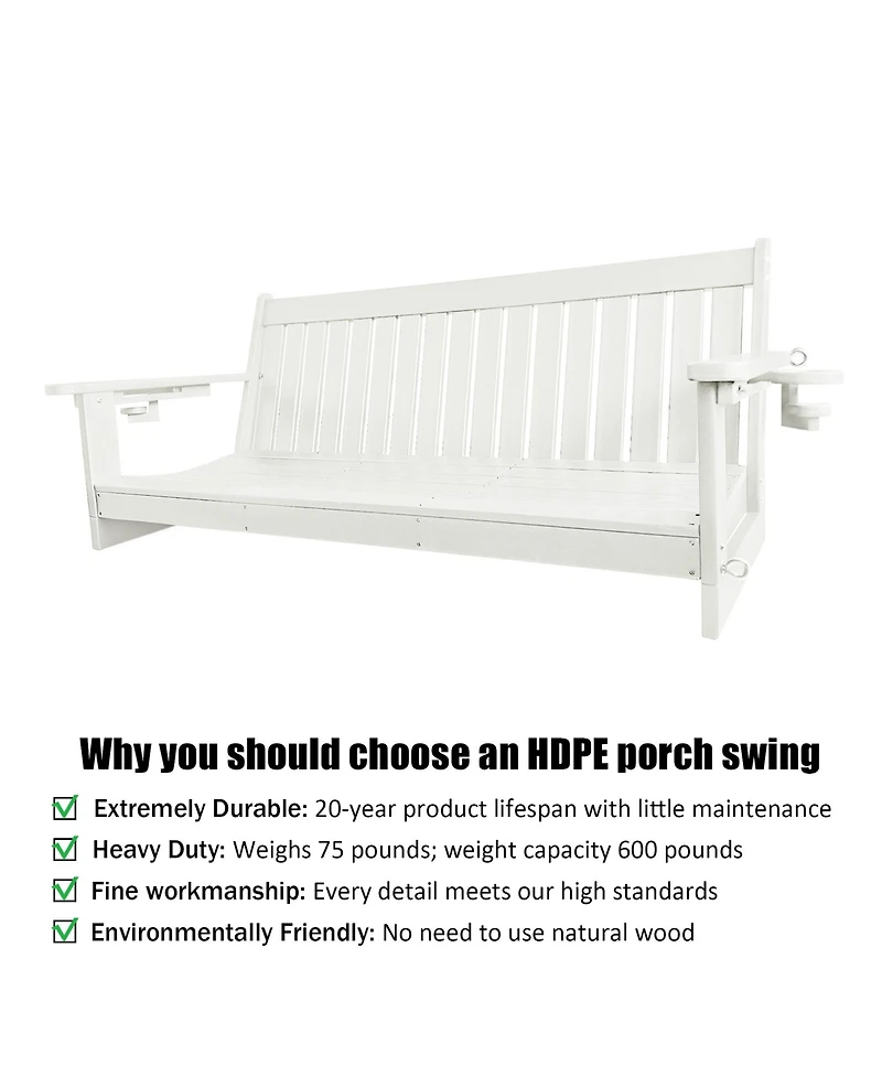 Mega Casa 3-Seater Hdpe Porch Swing 5 Ft Bench Swing with Foldable Cup Holders