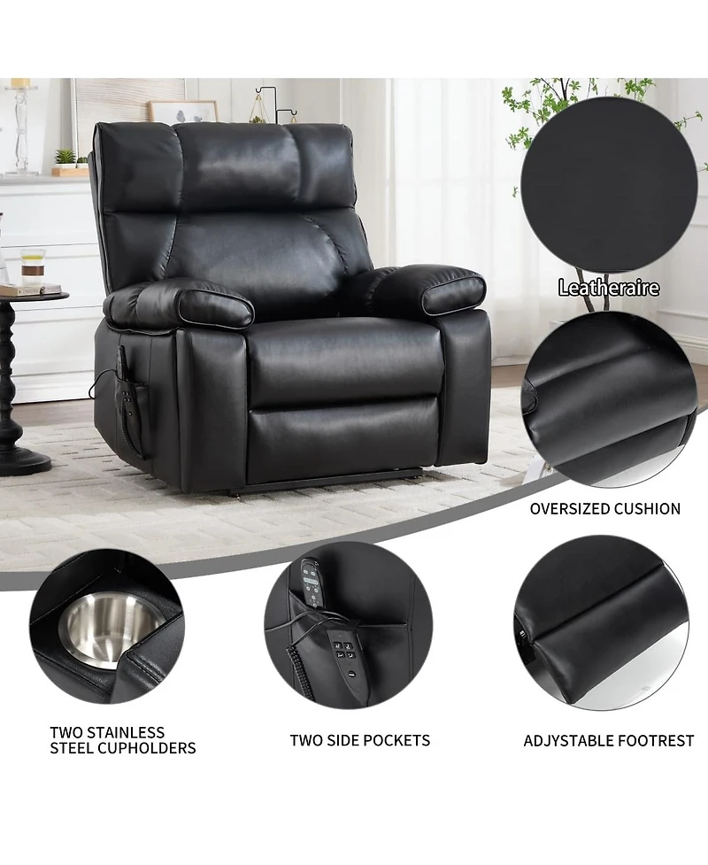 Maison Boucle Oversized Power Lift Recliner Chair for Elderly, Faux Leather Dual Motor Infinite Position with Massage, Heat, Remote & Cup Holders