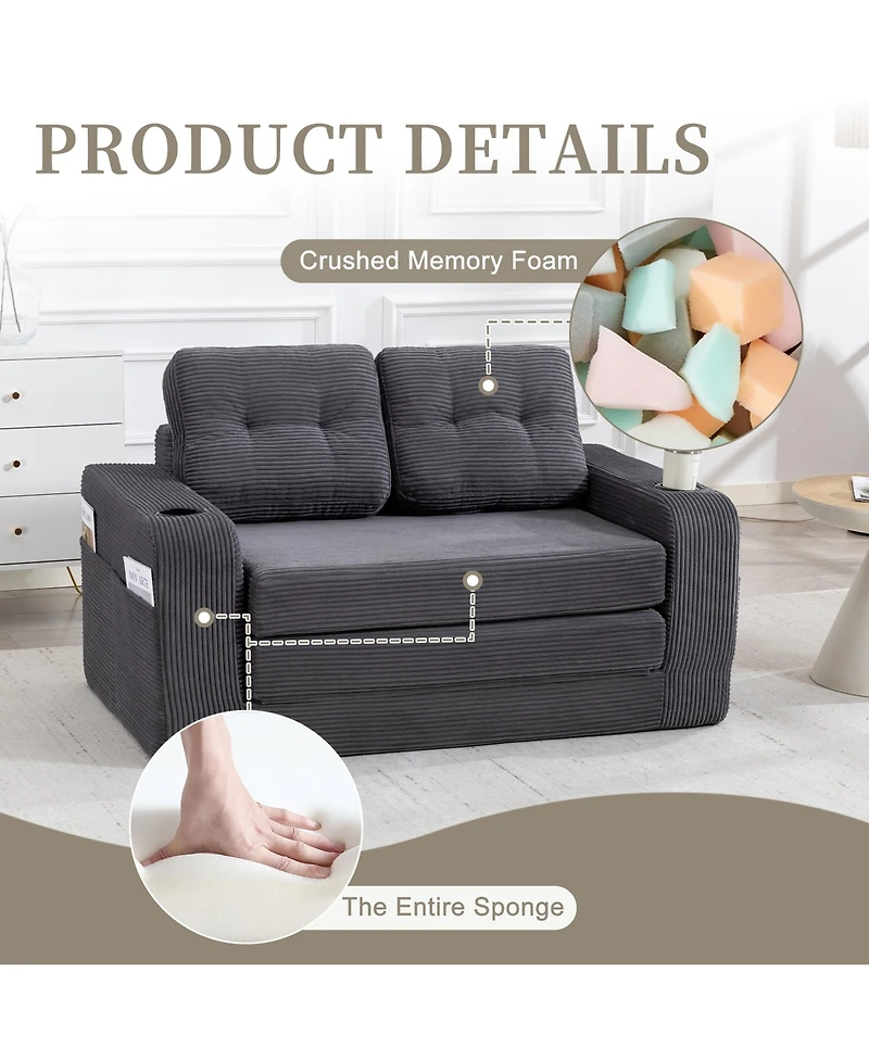 Rainsken Convertible Sofa Bed, Corduroy Loveseat Floor Couch with Cup Holders and Pillows, Multi-functional Fold Out Sofa Bed for Living Room