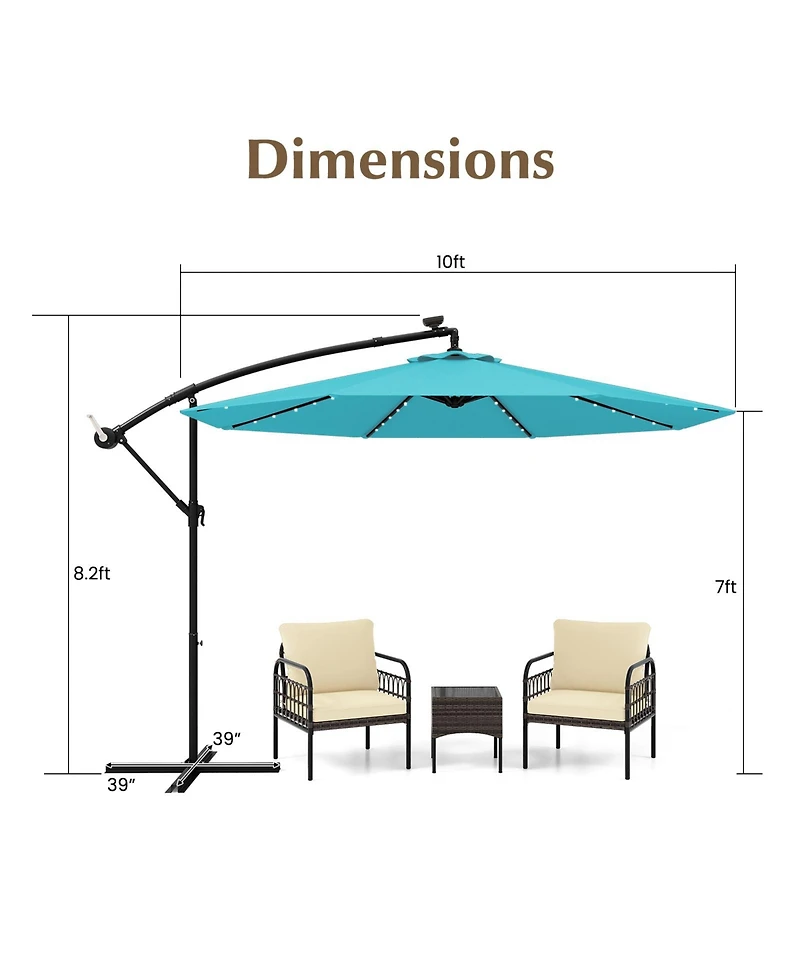 Sugift 10 ft Solar Led Offset Umbrella with Lights and Cross Base