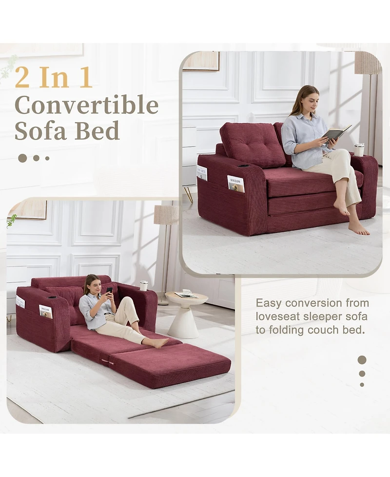Rainsken Multi-use Convertible Sofa Bed, Boneless Corduroy Loveseat Floor Couch with Cup Holders and Pillows, Modern Sofa Bed for Living Room