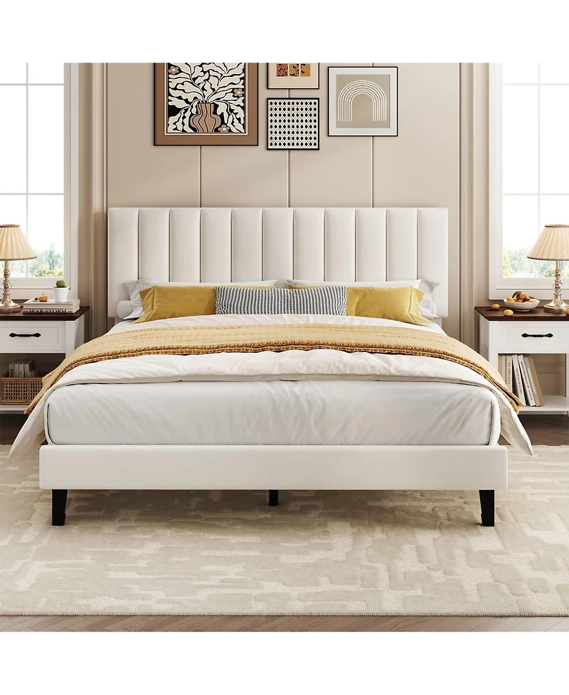Homfan Platform Bed Frame and Velvet Upholstered Headboard with Adjustable Vertical Channel Tufted Headboard, No Box Spring Needed
