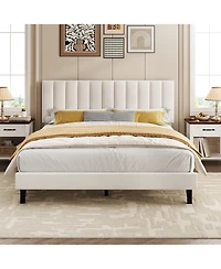 Homfan Platform Bed Frame and Velvet Upholstered Headboard with Adjustable Vertical Channel Tufted Headboard, No Box Spring Needed