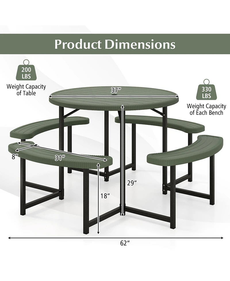 Sugift Round Picnic Table Bench Set with Four Benches and Umbrella Hole