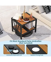 Sugift Outdoor Side Table with Umbrella Hole and Storage Shelf