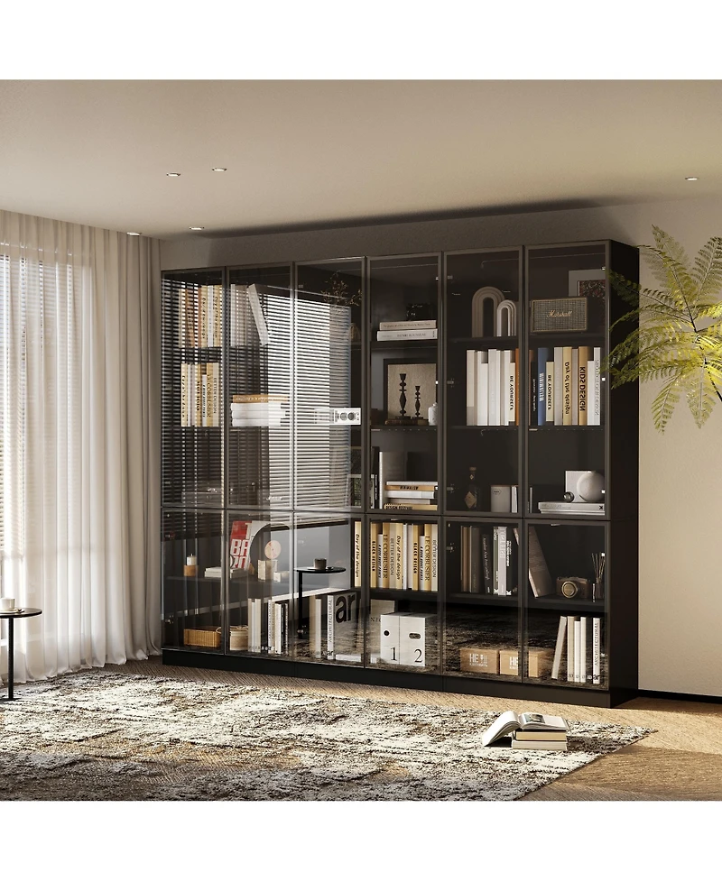 Famapy Display Cabinet with 4 Glass Doors and Lights, 5-Tier Storage Shelves, Bookcases and Shelves