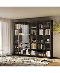 Famapy Display Cabinet with 4 Glass Doors and Lights, 5-Tier Storage Shelves, Bookcases and Shelves