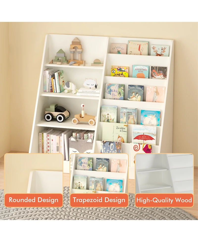Rainsken Kids Bookshelf and Toy Storage Organizer - 4 Tier Wooden Bookcase Display Stand for Nursery, Playroom and Classroom