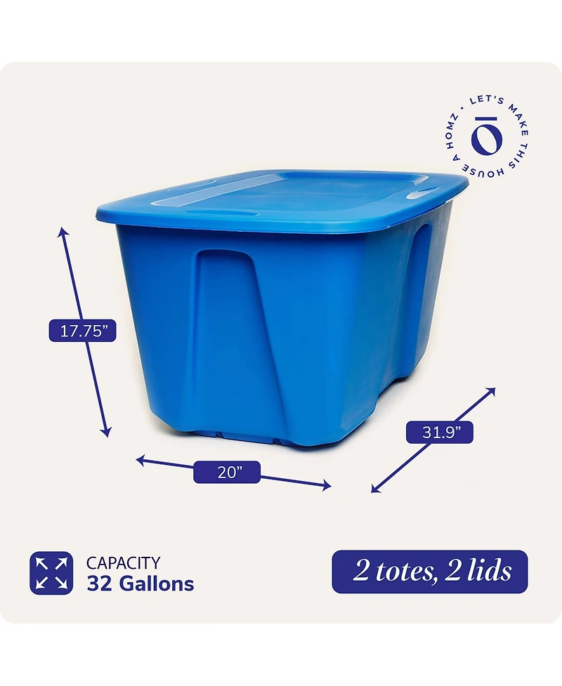 Homz 32 Gallon Standard Plastic Storage Container with Secure Lid, 2 Pack